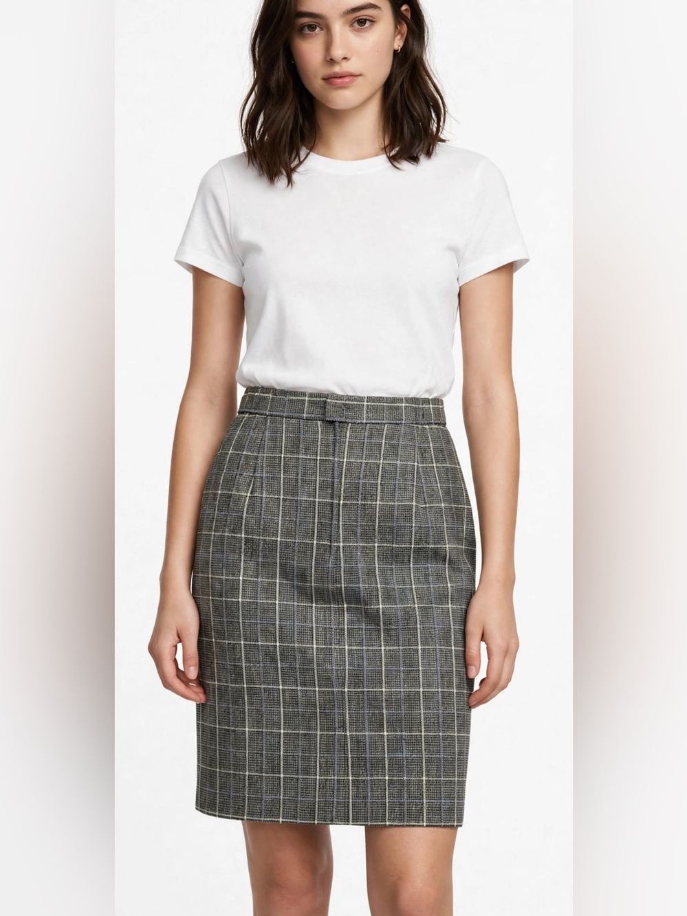 Plaid Pencil Skirt in Black and Gray with Subtle Blue Windowpane